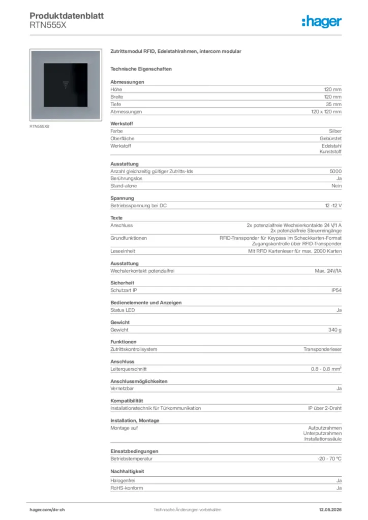 Bild Hager Produktdatenblatt RTN555X | Hager Schweiz