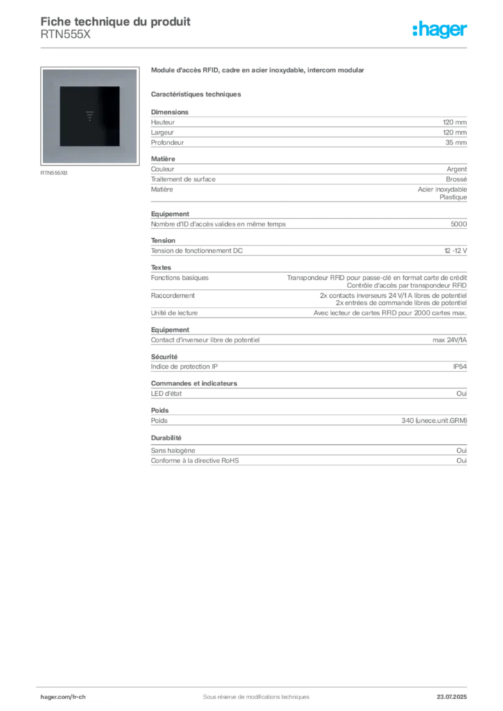 Image Hager Fiche technique du produit RTN555X | Hager Suisse