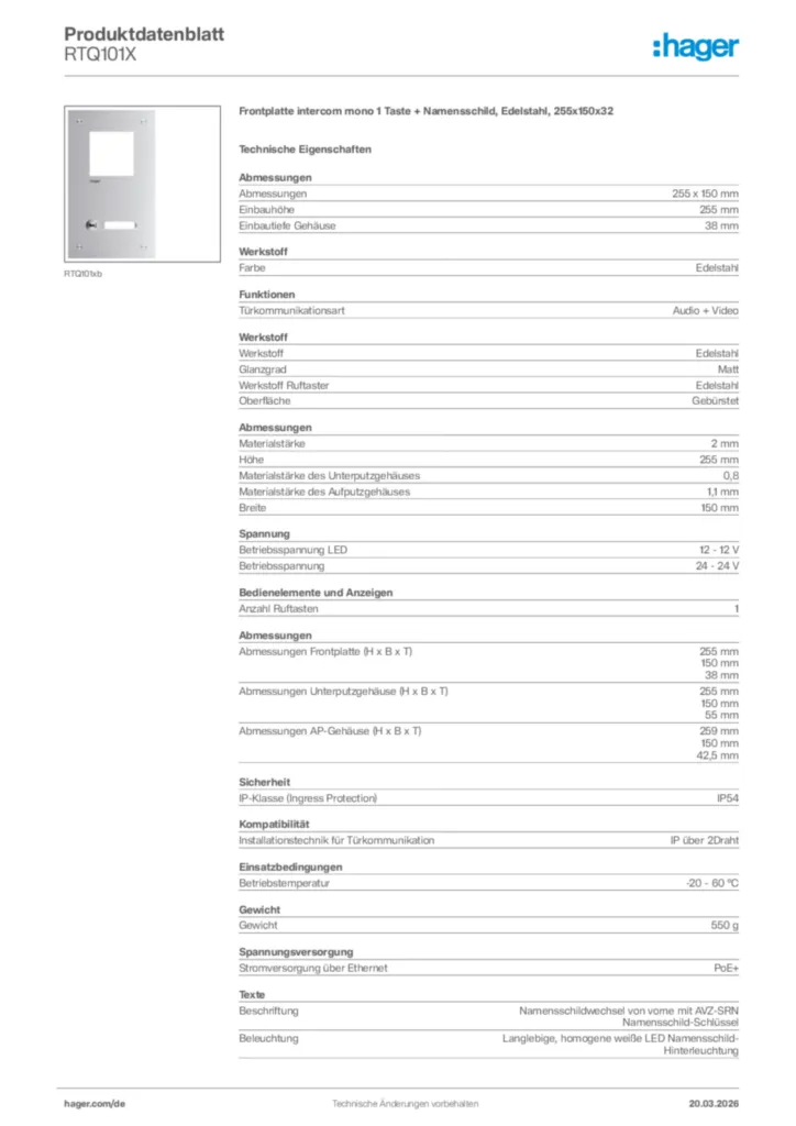 Bild Hager Produktdatenblatt RTQ101X | Hager Deutschland