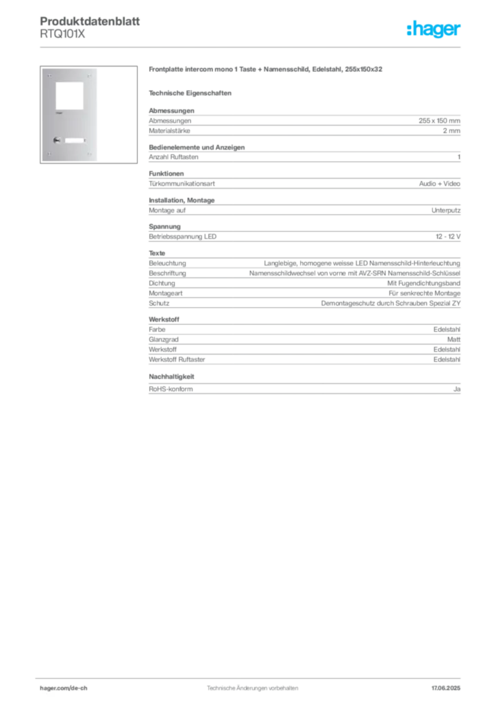 Bild Hager Produktdatenblatt RTQ101X | Hager Schweiz