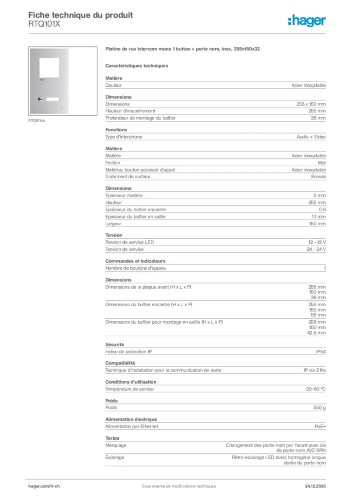 Image Hager Fiche technique du produit RTQ101X | Hager Suisse