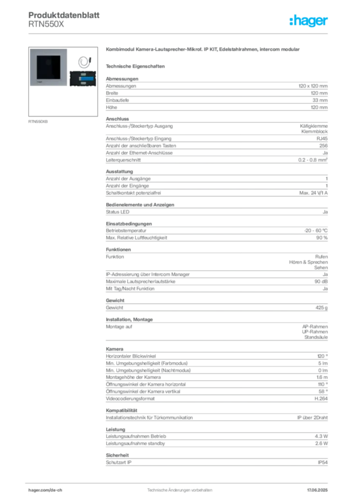 Bild Hager Produktdatenblatt RTN550X | Hager Schweiz