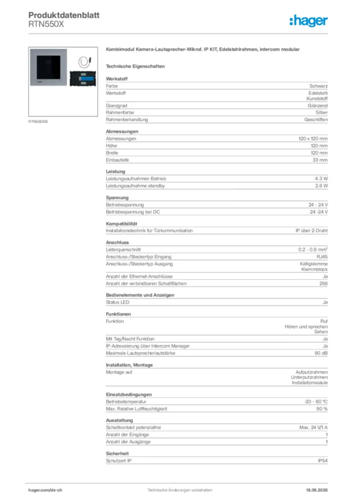 Bild Hager Produktdatenblatt RTN550X | Hager Schweiz