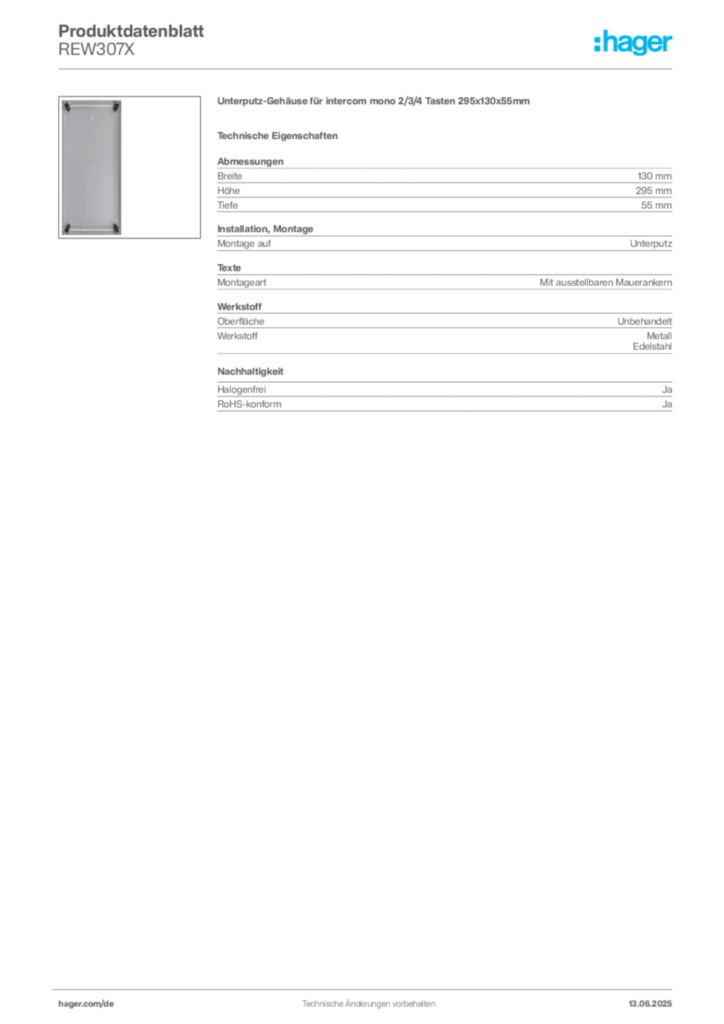 Hager Produktdatenblatt REW307X