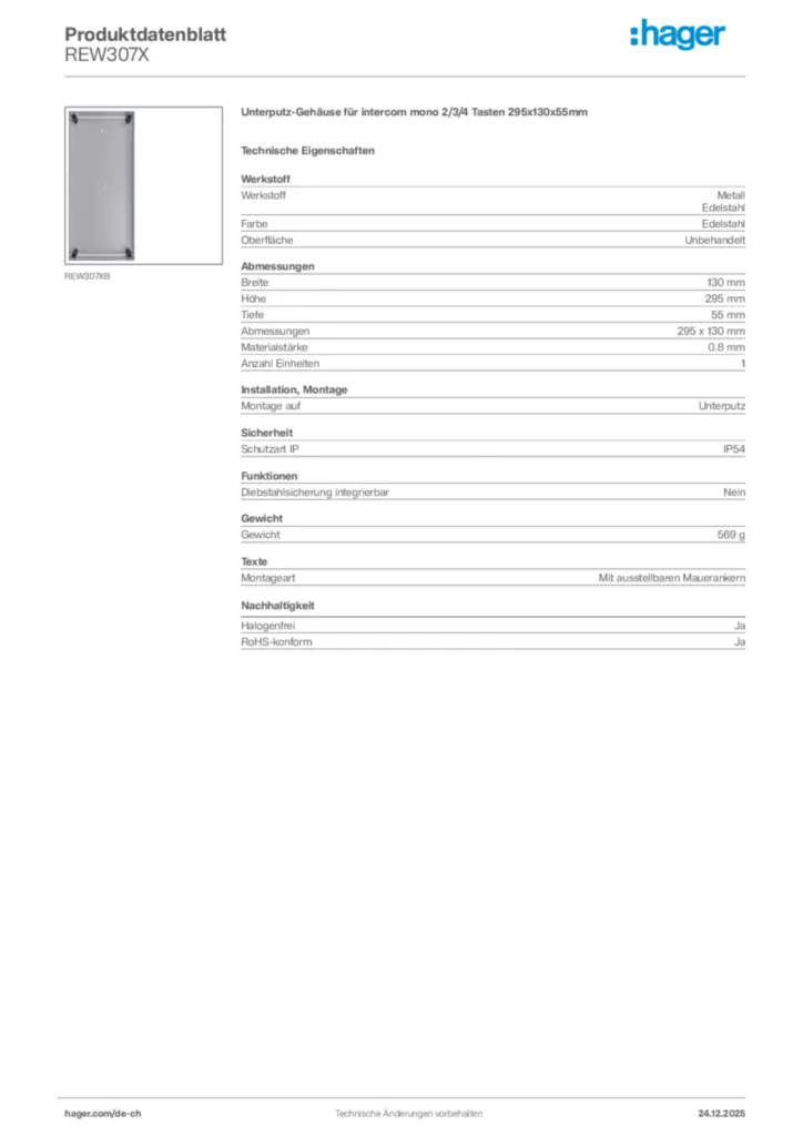 Bild Hager Produktdatenblatt REW307X | Hager Schweiz