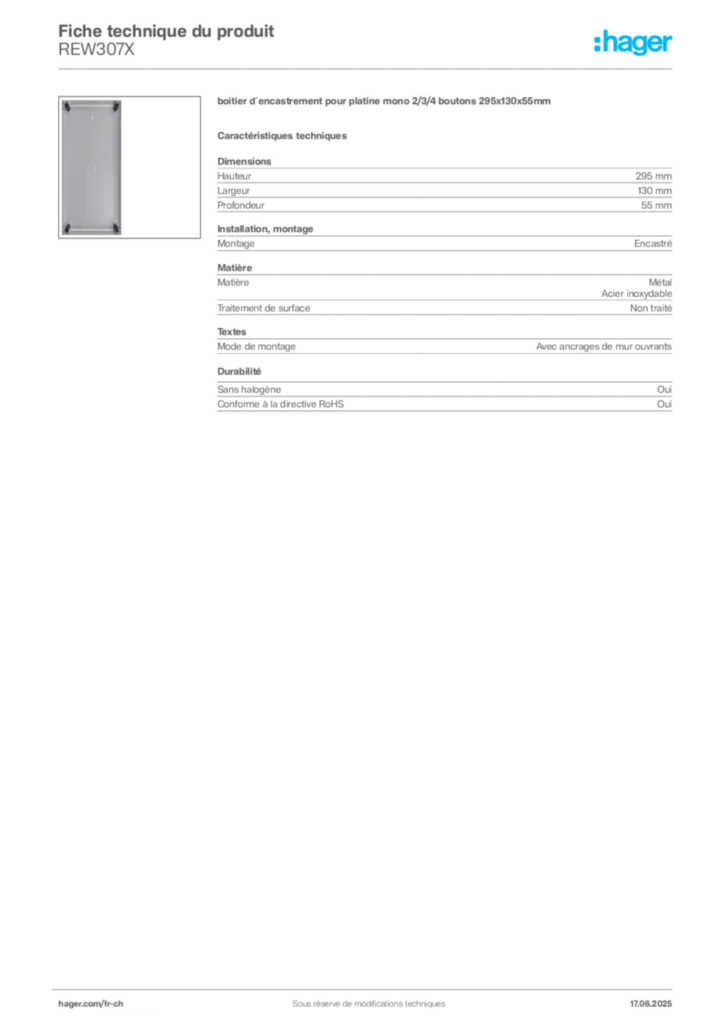 Image Hager Fiche technique du produit REW307X | Hager Suisse