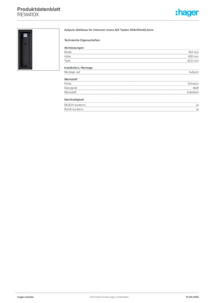 Hager Produktdatenblatt REW410X