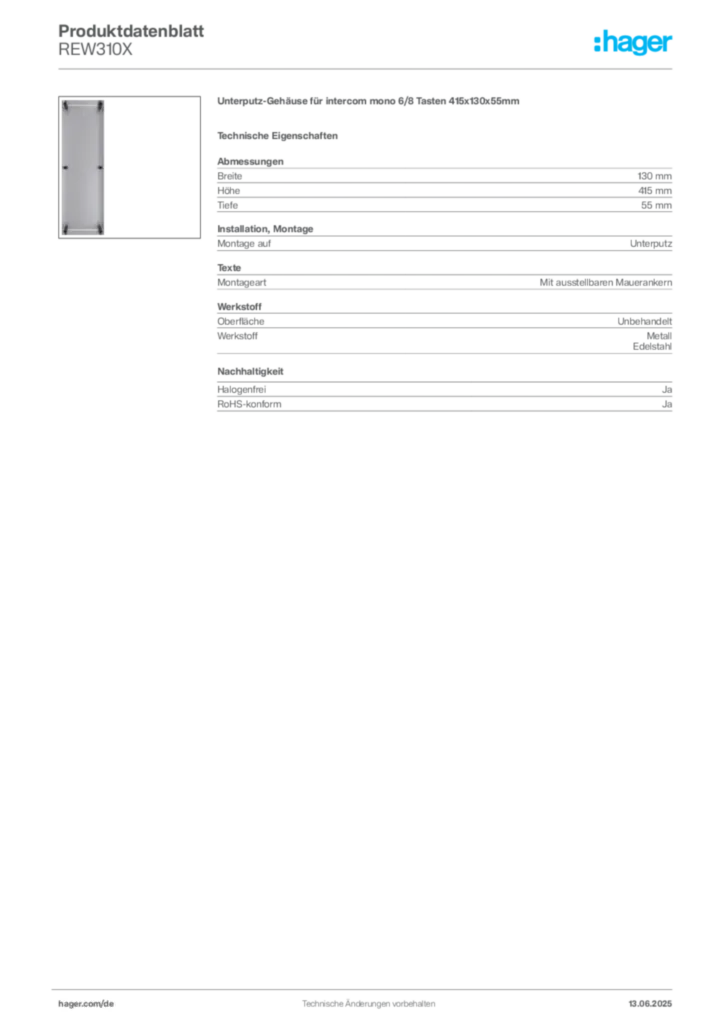 Hager Produktdatenblatt REW310X