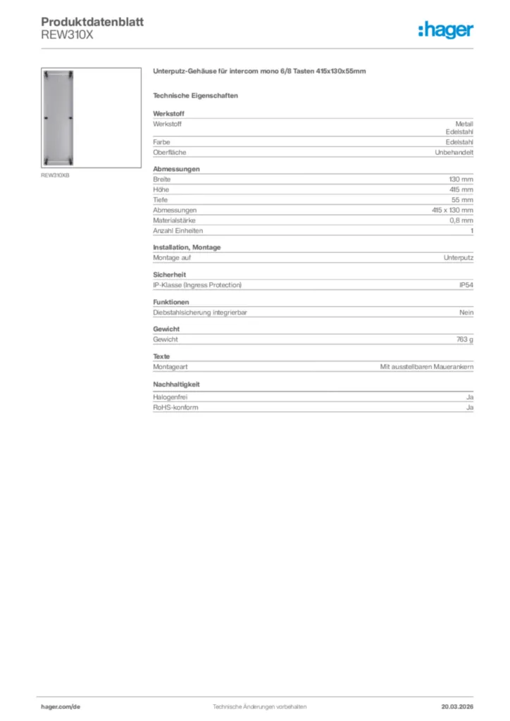 Bild Hager Produktdatenblatt REW310X | Hager Deutschland