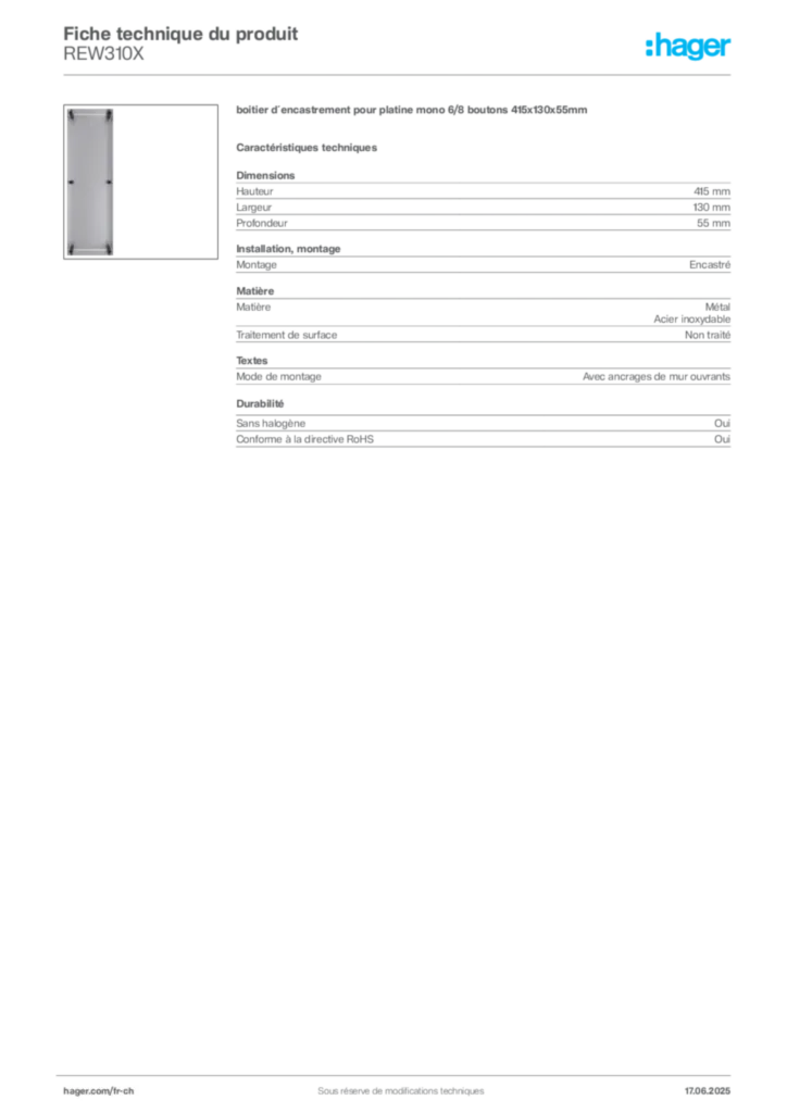 Image Hager Fiche technique du produit REW310X | Hager Suisse