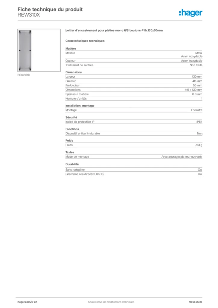 Image Hager Fiche technique du produit REW310X | Hager Suisse