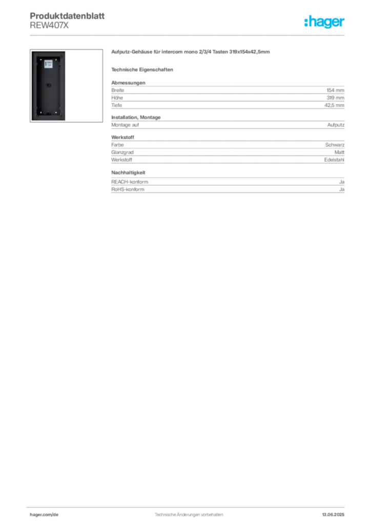 Hager Produktdatenblatt REW407X