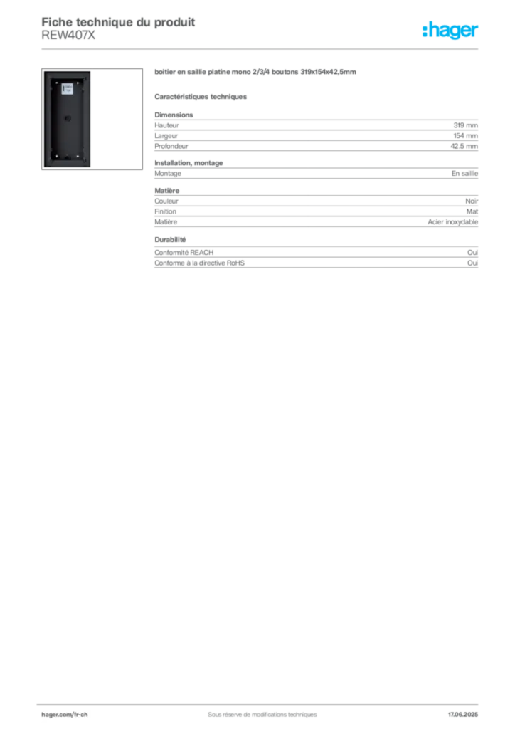 Image Hager Fiche technique du produit REW407X | Hager Suisse