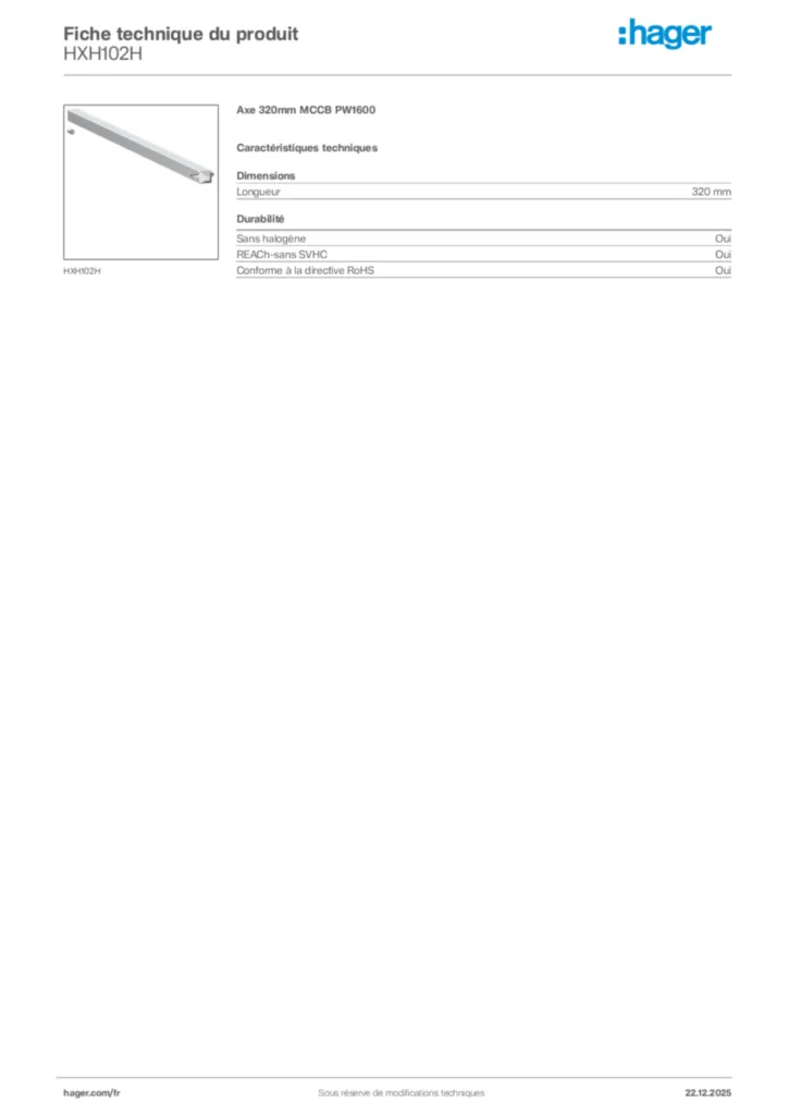 Image Hager Fiche technique du produit HXH102H | Hager France