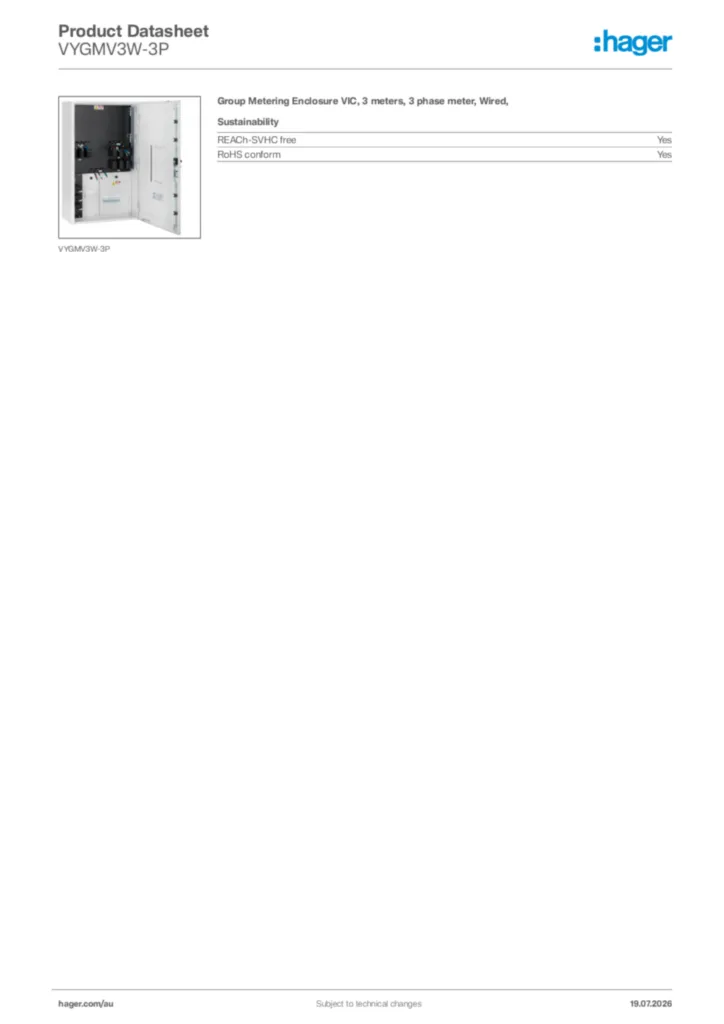 Image Hager Product data sheet VYGMV3W-3P  | Hager Australia