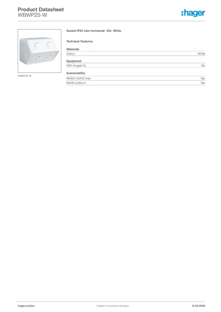 Image Hager Product data sheet WBWP2S-W  | Hager Australia