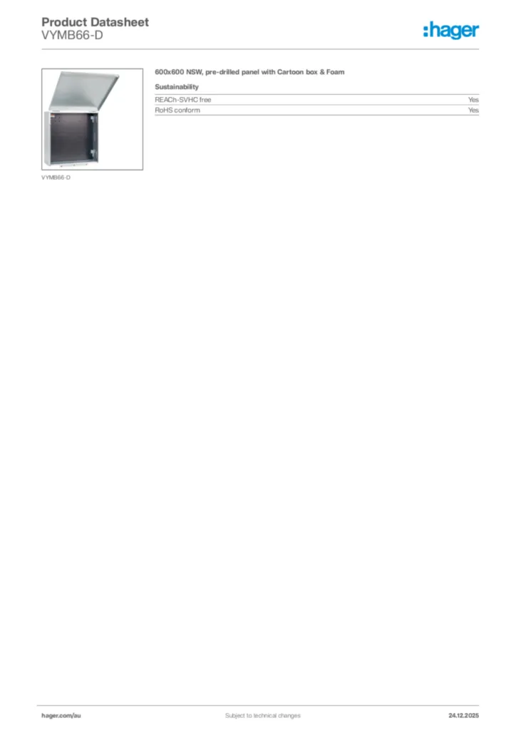 Image Hager Product data sheet VYMB66-D  | Hager Australia