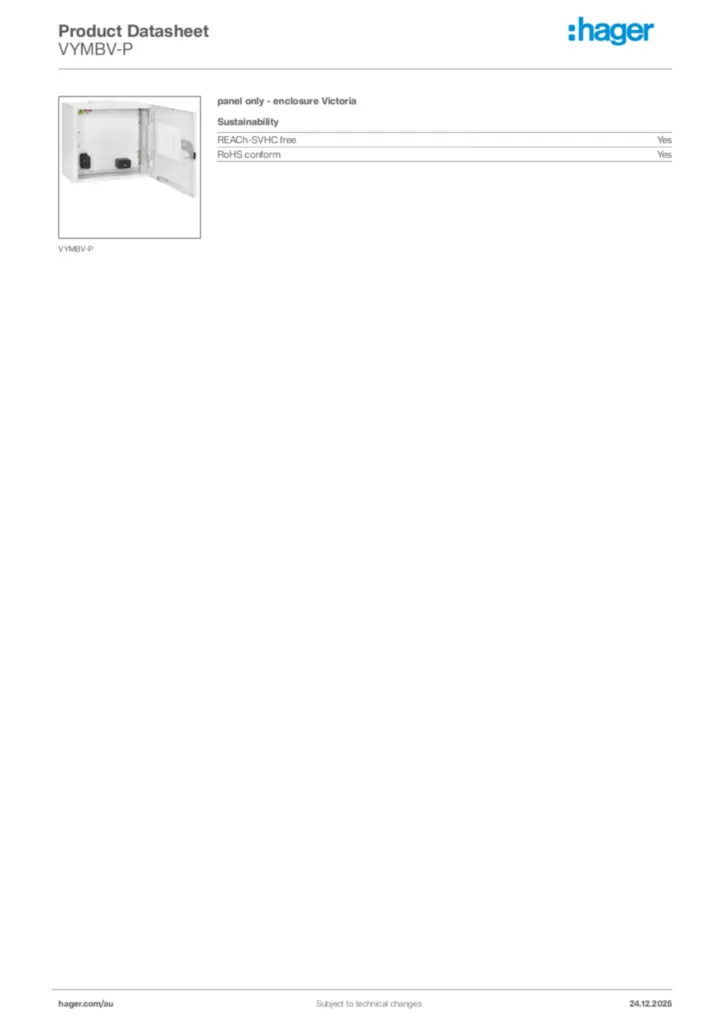 Image Hager Product data sheet VYMBV-P  | Hager Australia