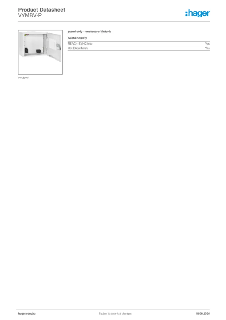 Image Hager Product data sheet VYMBV-P  | Hager Australia