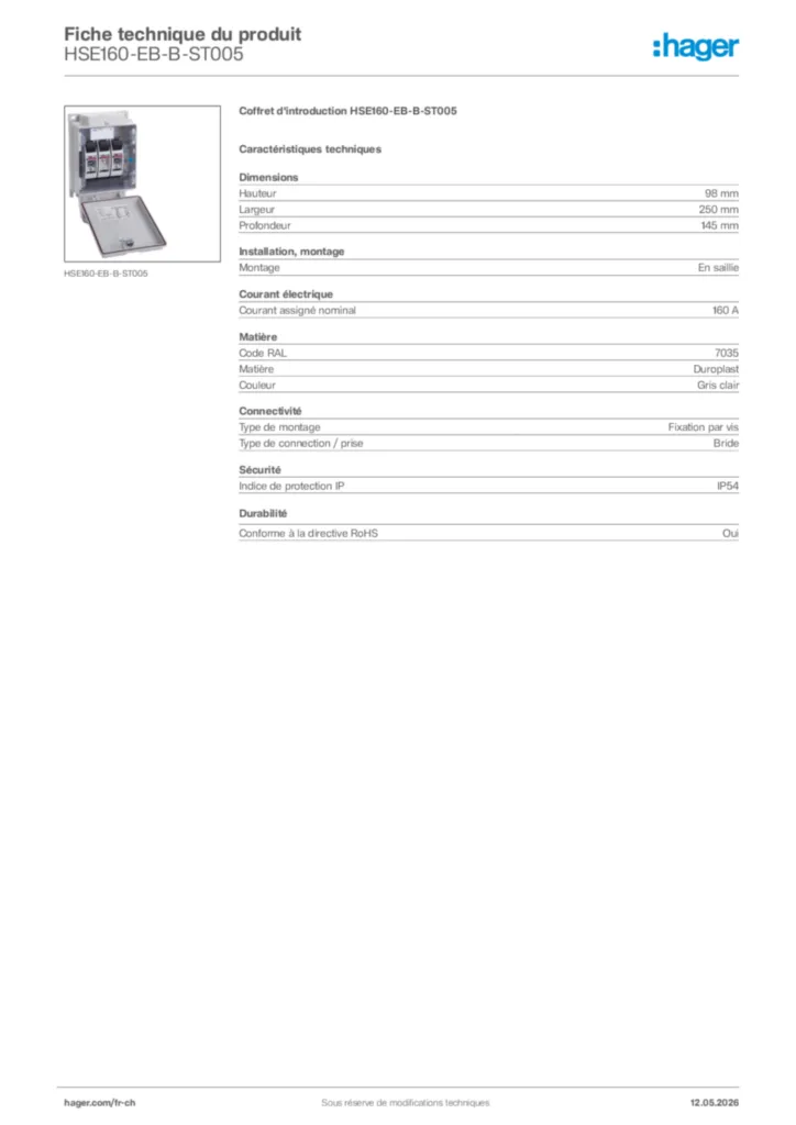 Image Hager Fiche technique du produit HSE160-EB-B-ST005 | Hager Suisse