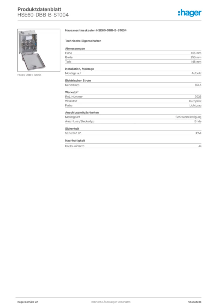 Bild Hager Produktdatenblatt HSE60-DBB-B-ST004 | Hager Schweiz