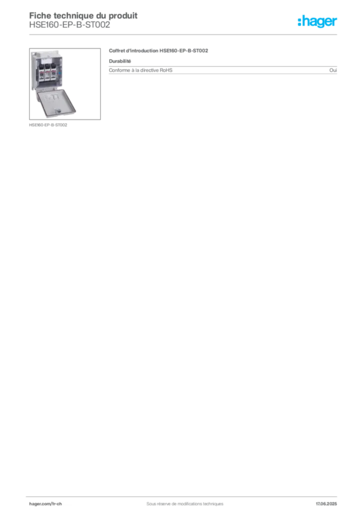 Image Hager Fiche technique du produit HSE160-EP-B-ST002 | Hager Suisse