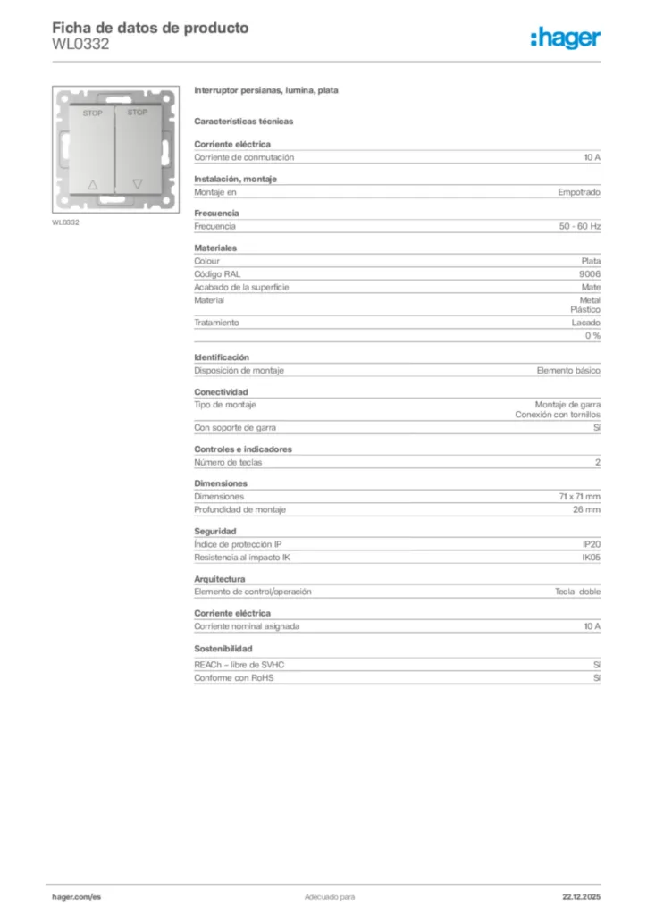 Imagen Hager Ficha de datos de producto WL0332 | Hager España