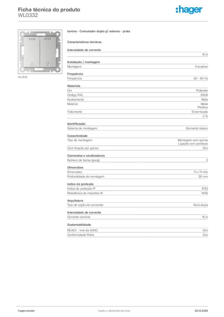 Imagem Hager Ficha técnica do produto WL0332 | Hager Portugal
