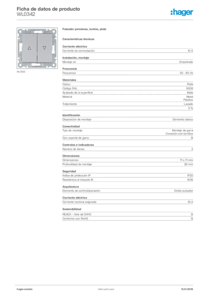 Imagen Hager Ficha de datos de producto WL0342 | Hager España