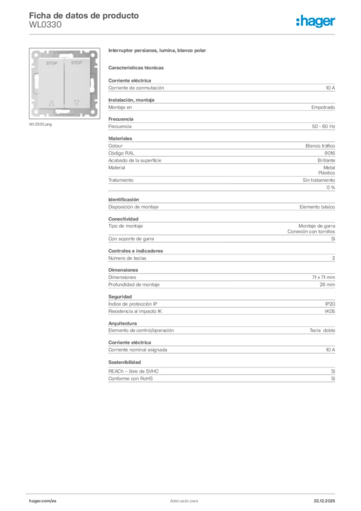 Imagen Hager Ficha de datos de producto WL0330 | Hager España