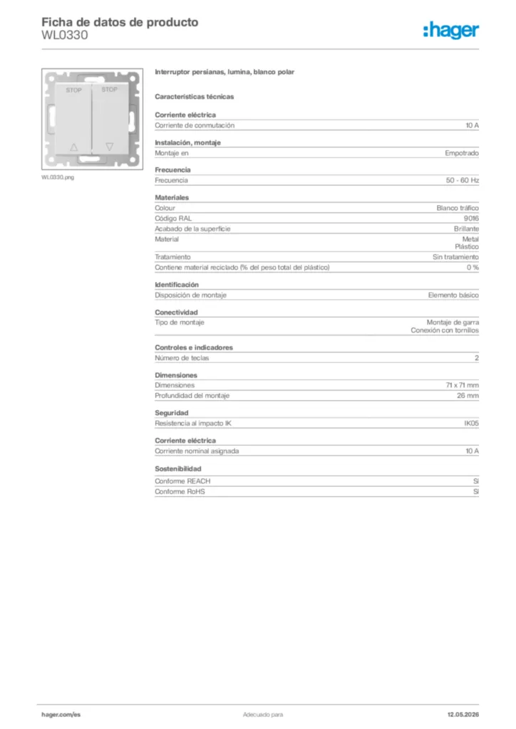 Imagen Hager Ficha de datos de producto WL0330 | Hager España