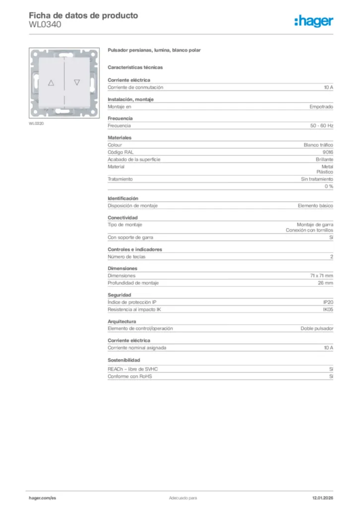 Imagen Hager Ficha de datos de producto WL0340 | Hager España