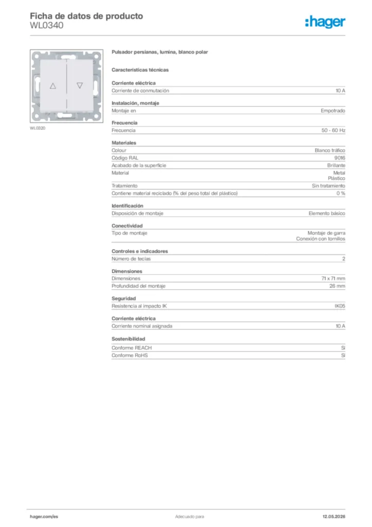 Imagen Hager Ficha de datos de producto WL0340 | Hager España