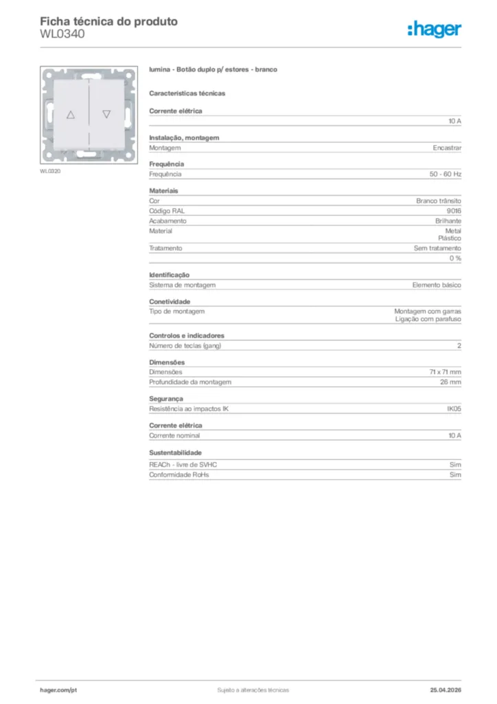 Imagem Hager Ficha técnica do produto WL0340 | Hager Portugal