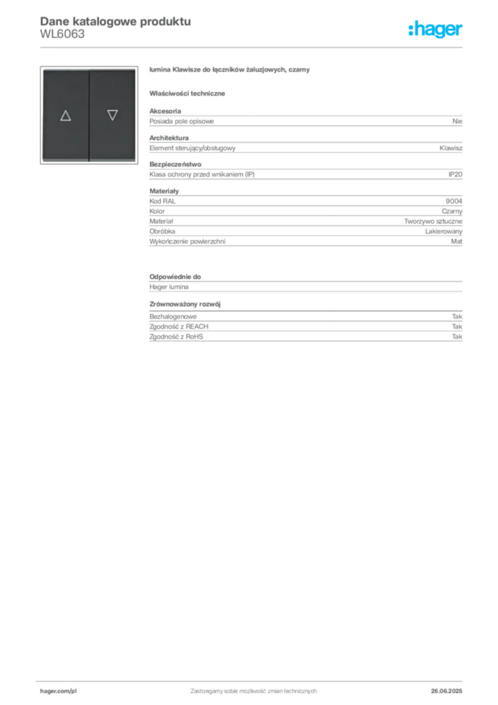 Zdjęcie Hager Dane katalogowe produktu WL6063 | Hager Polska