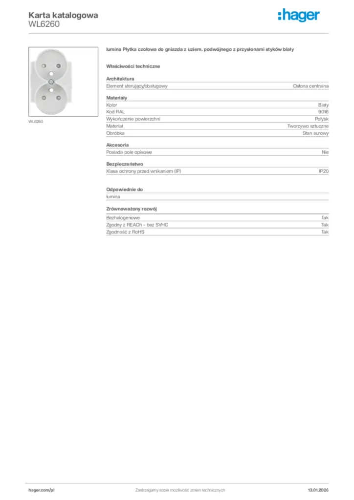 Zdjęcie Hager Karta katalogowa WL6260 | Hager Polska