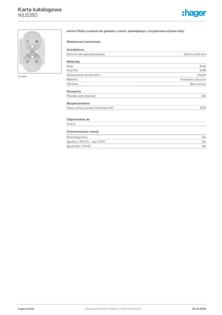 Zdjęcie Hager Karta katalogowa WL6260 | Hager Polska