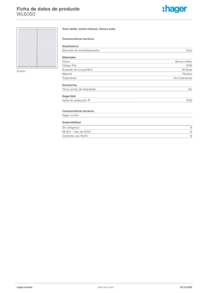 Imagen Hager Ficha de datos de producto WL6050 | Hager España