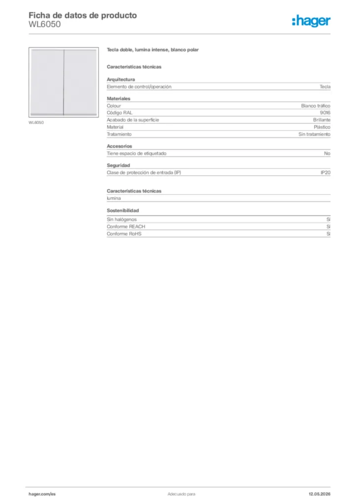 Imagen Hager Ficha de datos de producto WL6050 | Hager España