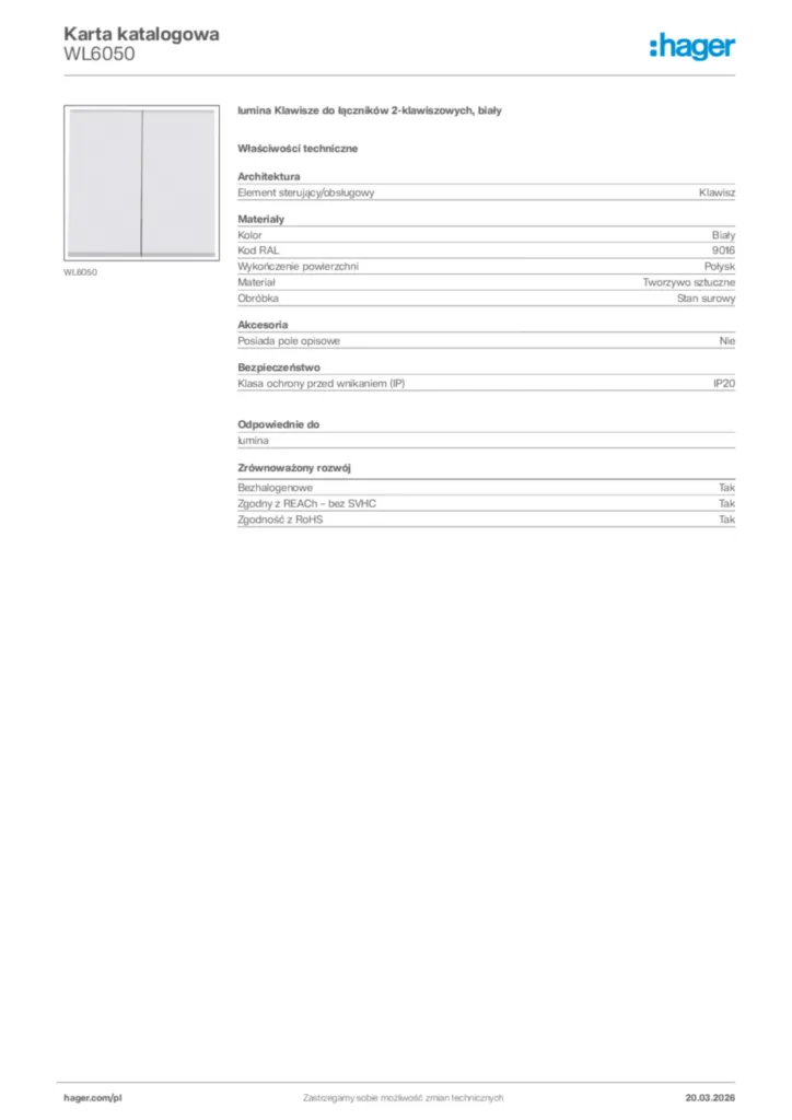 Zdjęcie Hager Karta katalogowa WL6050 | Hager Polska