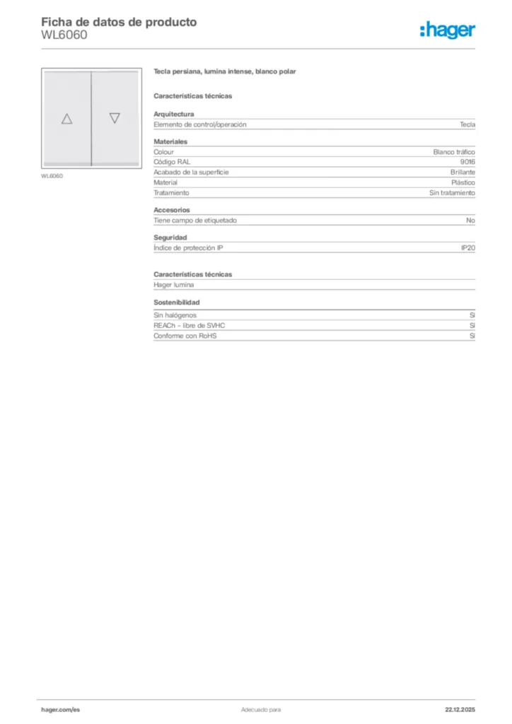 Imagen Hager Ficha de datos de producto WL6060 | Hager España