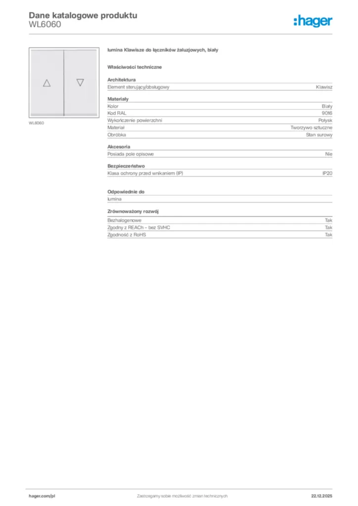 Zdjęcie Hager Dane katalogowe produktu WL6060 | Hager Polska