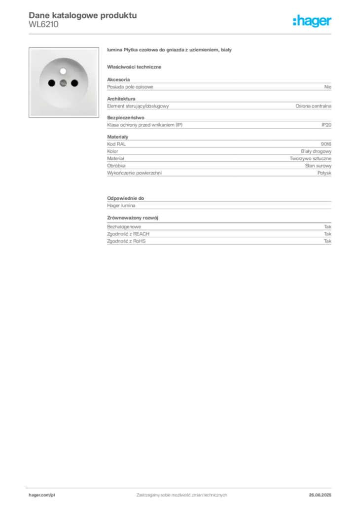 Zdjęcie Hager Dane katalogowe produktu WL6210 | Hager Polska