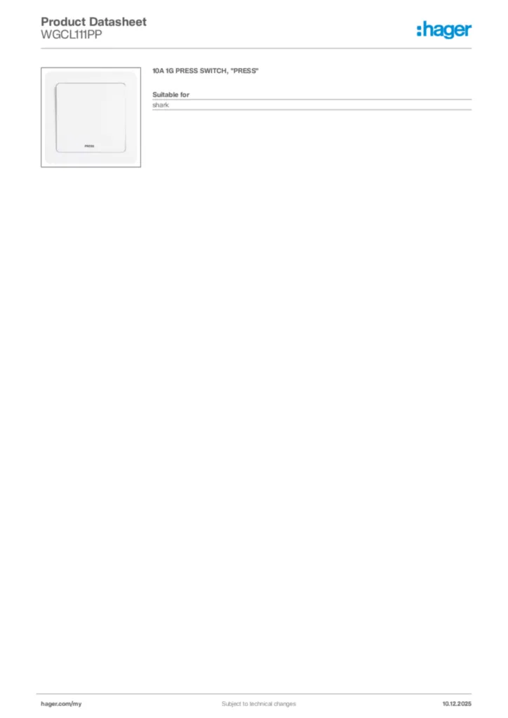 Image Hager Product data sheet WGCL111PP  | Hager