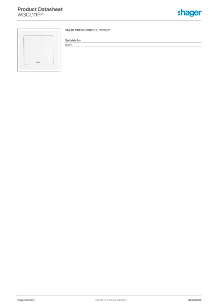 Image Hager Product data sheet WGCL111PP  | Hager