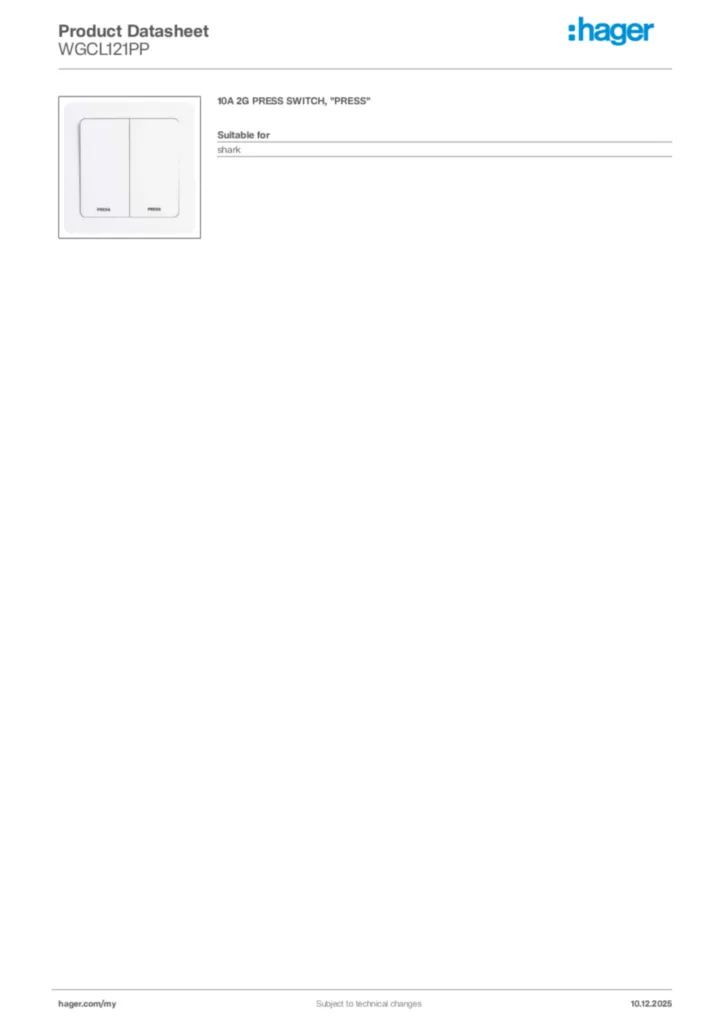 Image Hager Product data sheet WGCL121PP  | Hager