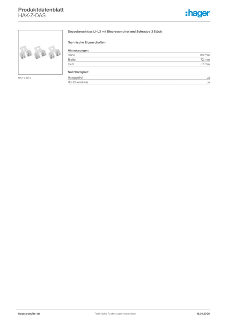 Bild Hager Produktdatenblatt HAK-Z-DAS | Hager Schweiz