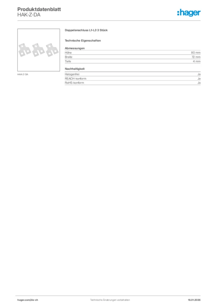 Bild Hager Produktdatenblatt HAK-Z-DA | Hager Schweiz
