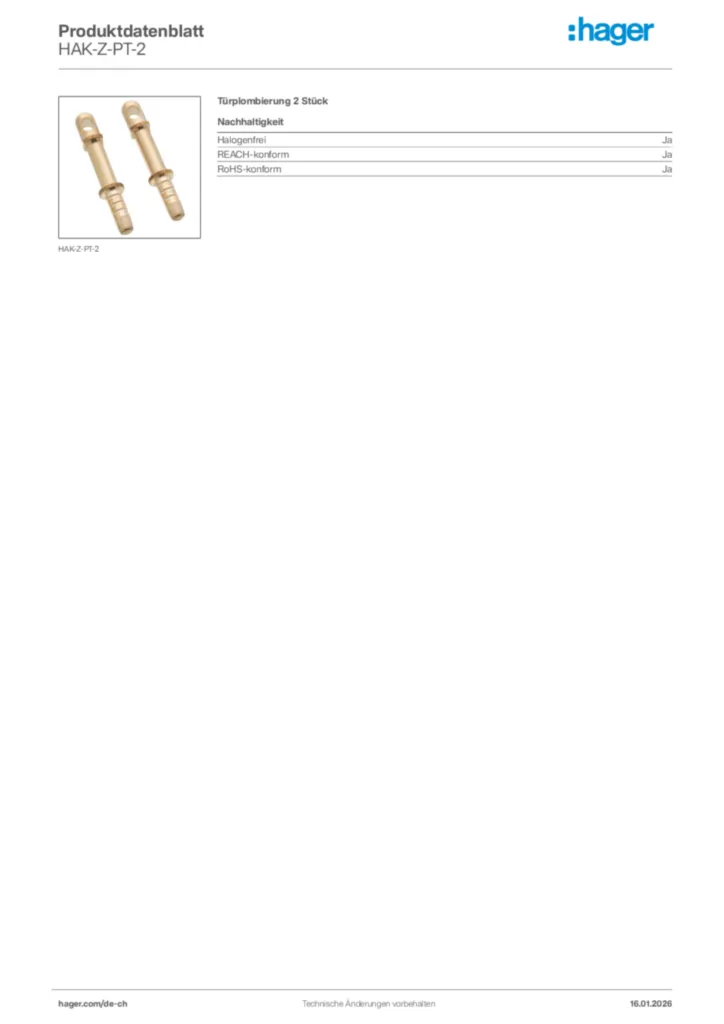 Bild Hager Produktdatenblatt HAK-Z-PT-2 | Hager Schweiz