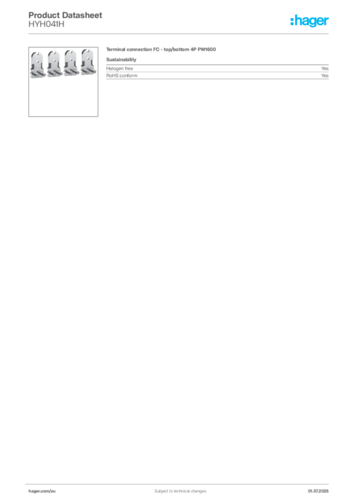 Image Hager Product data sheet HYH041H  | Hager Australia